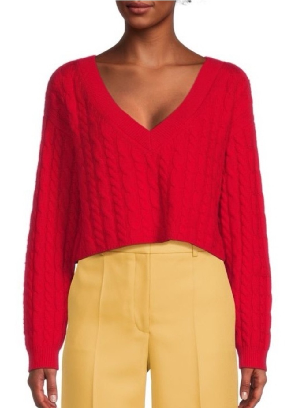 Alice + Olivia Ayden Crop Sweater Size Small Red Wool Cashmere V-Neck (Flawed)